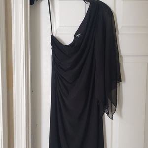 Black one shoulder dress with sheer sleeve
